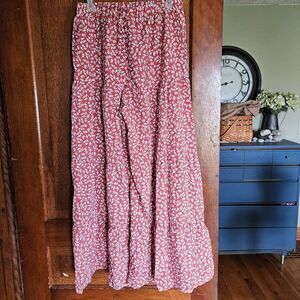MakeMeChic Red Pink & White Floral Palazzo Pants – Size L, Boho Wide Leg New